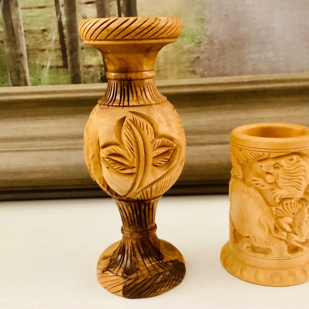 Handcrafted Carved Wooden Vase Pencil Holder Gift Set Of 2 Office Décor Vintage